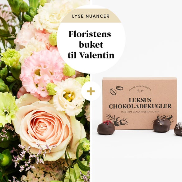 Floristens valentinsbuket i lyse nuancer med luksus chokoladekugler